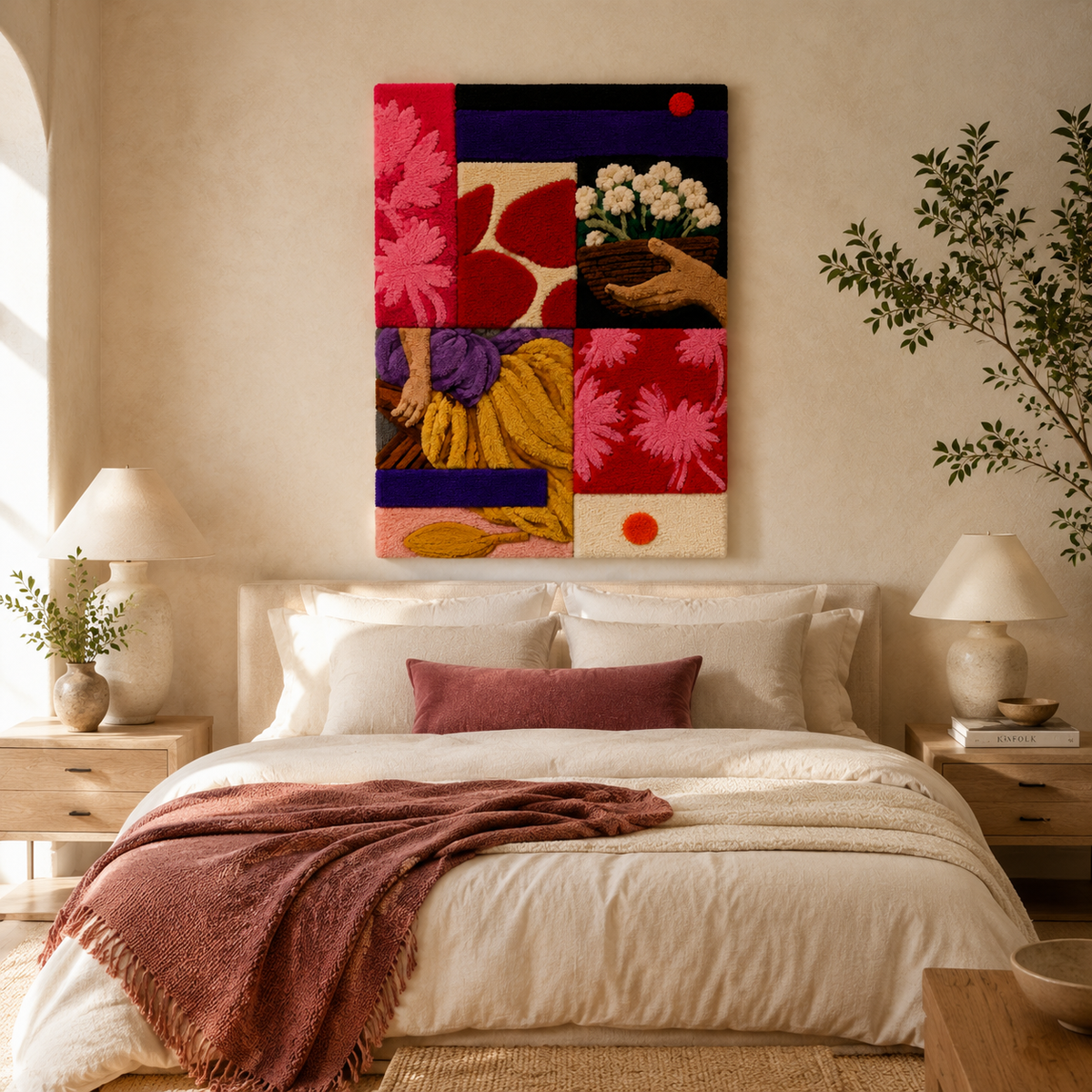 Hewn Earth Garden Patchwork wall art featuring colorful fabric patches arranged in a vibrant garden scene.