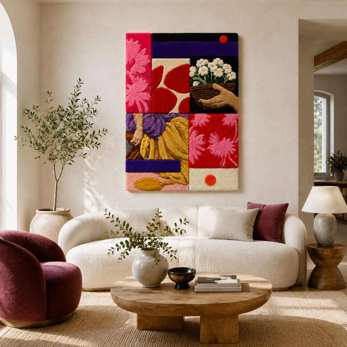 Colorful Hewn Earth Garden Patchwork wall art featuring vibrant fabric pieces arranged in a patchwork design.