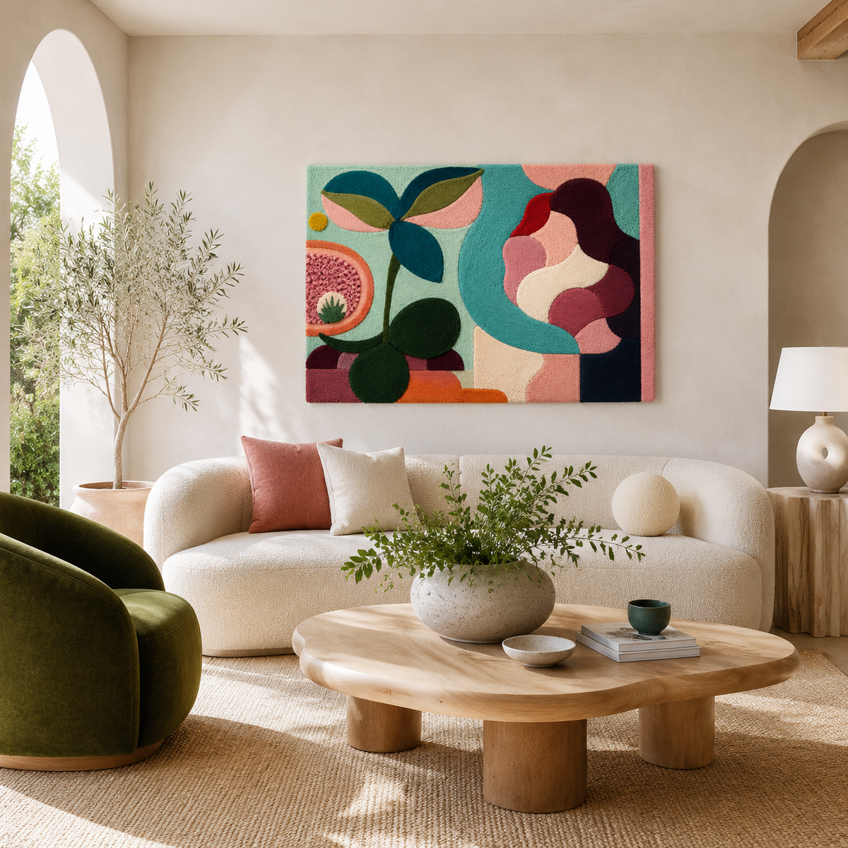Hewn Earth Botanical Currents wall art featuring vibrant botanical illustrations on a wall display.