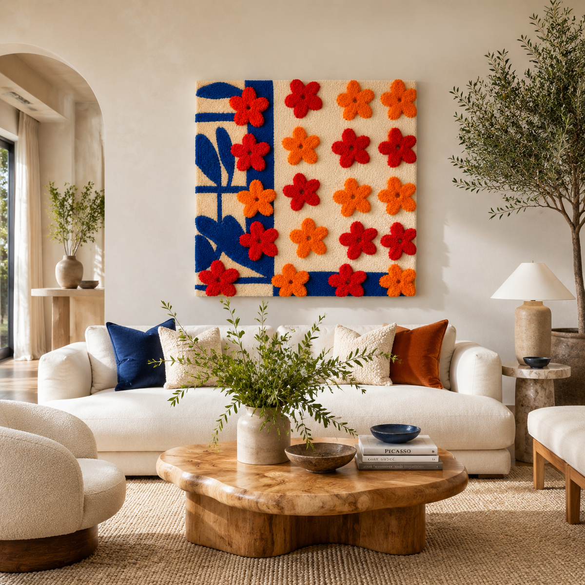 Hewn Earth Red and Blue Flower Grid wall art decor hanging on a room wall, vibrant floral pattern for modern interior design.