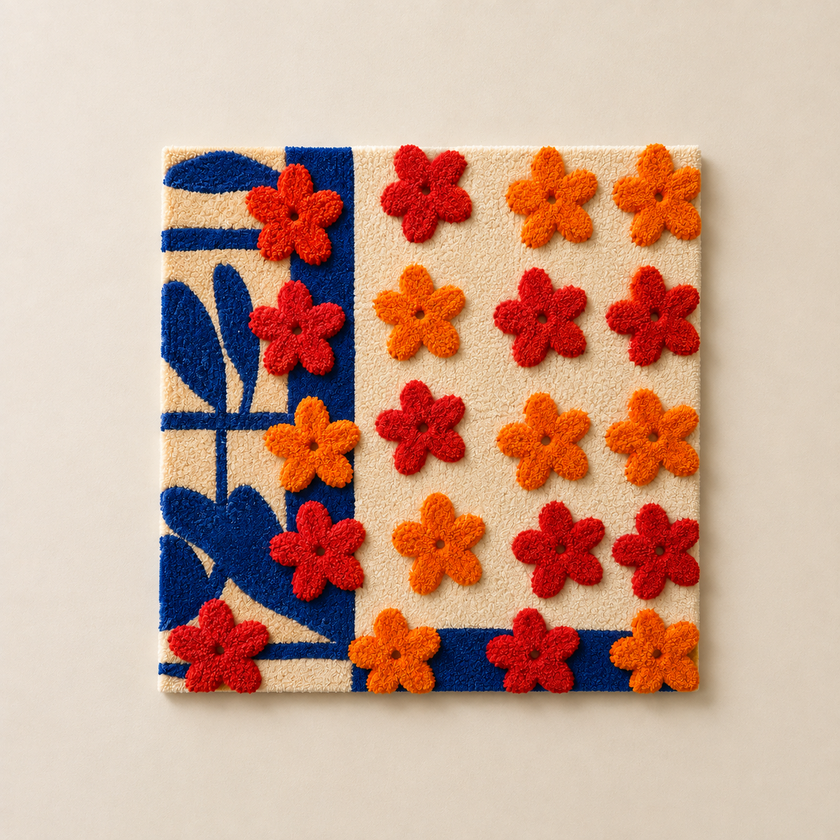 Red and blue flower grid wall art by Hewn Earth, colorful floral design on a decorative wall art piece.