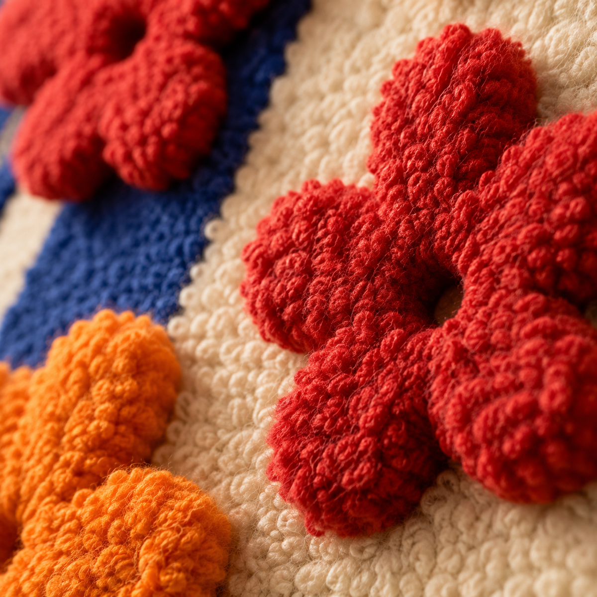 Close-up of Hewn Earth red and blue flower grid wall art with intricate details and vibrant colors.