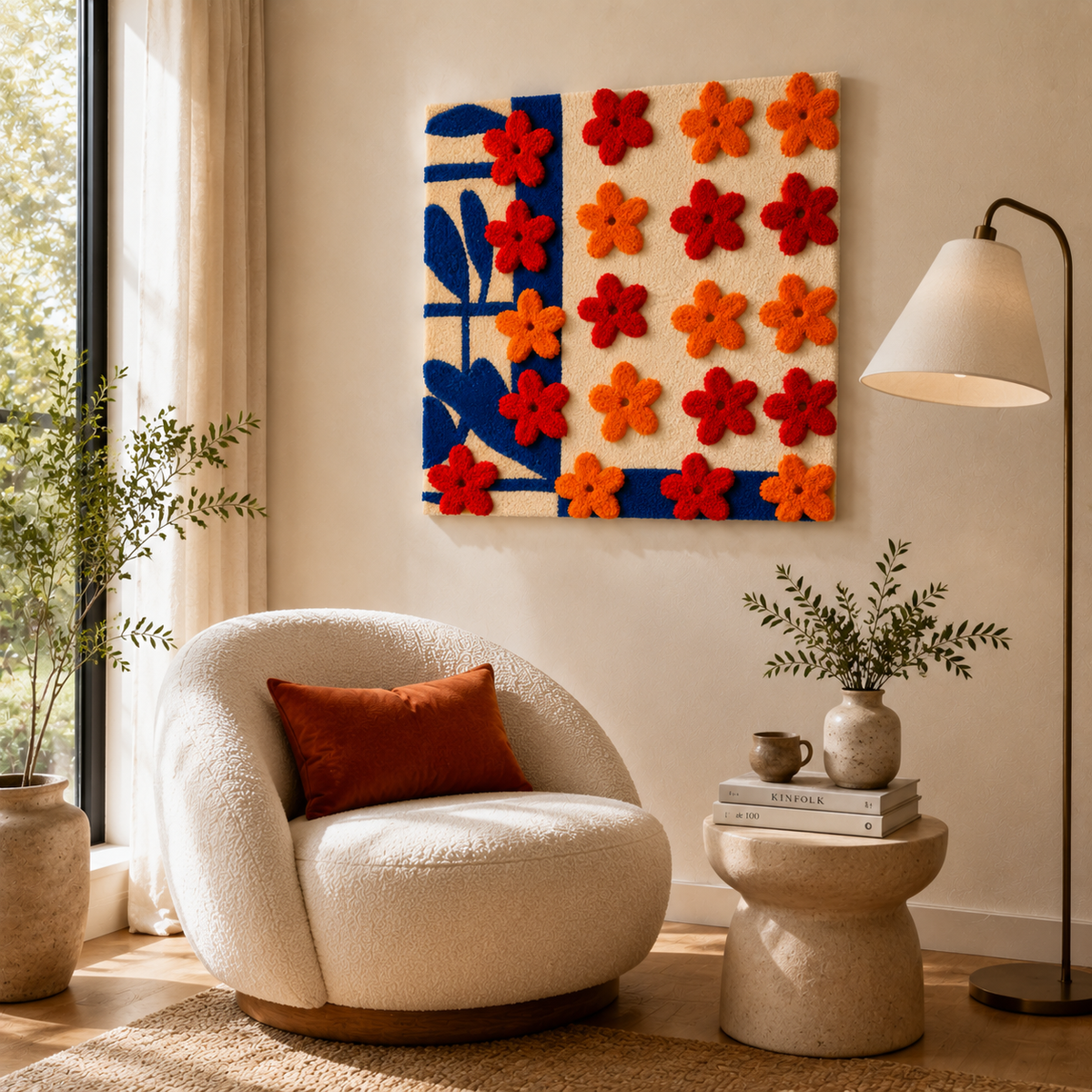 Red and blue flower grid wall art by Hewn Earth featuring vibrant floral patterns on a modern grid background.
