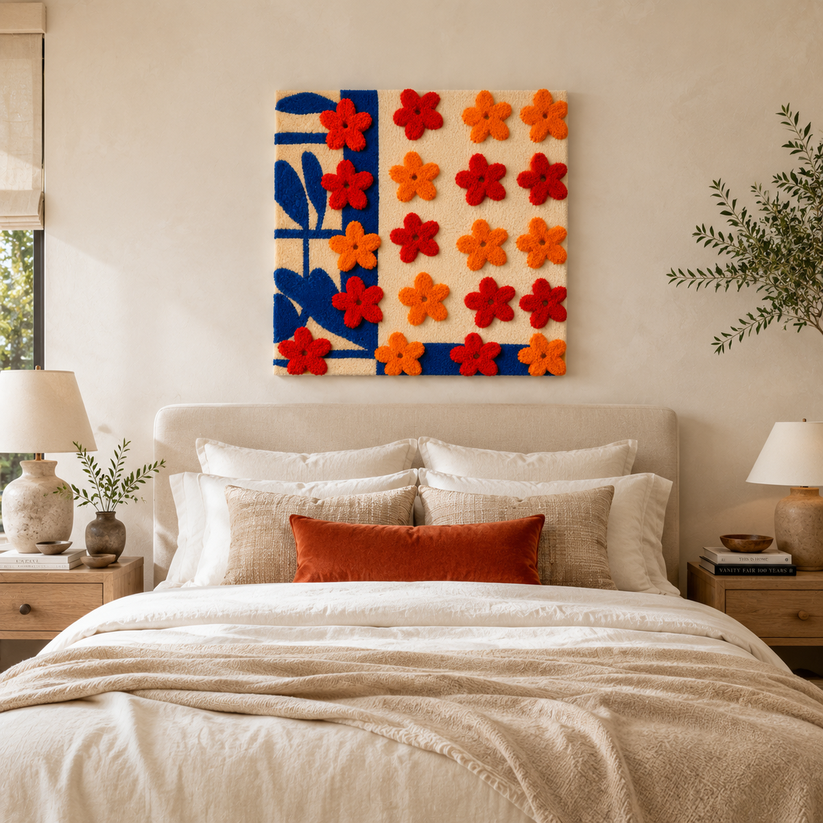 Red and blue flower grid wall art by Hewn Earth, vibrant floral design on textured canvas for modern home decor.
