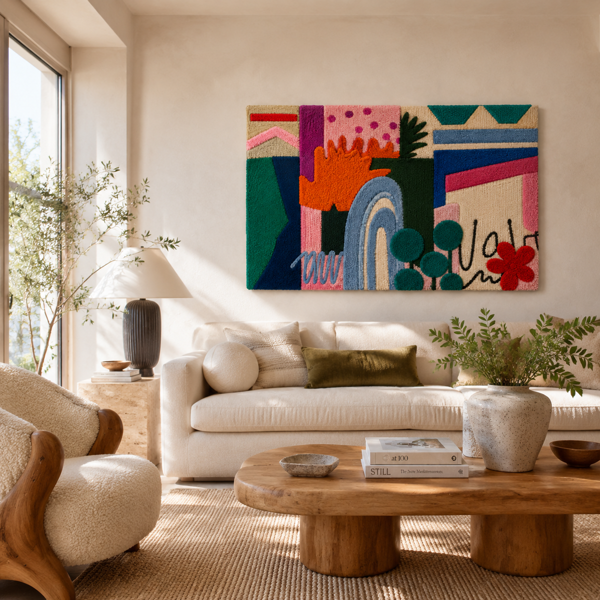 Hewn Earth Garden City Blocks wall art displayed on a room wall, featuring geometric patterns and earthy tones.
