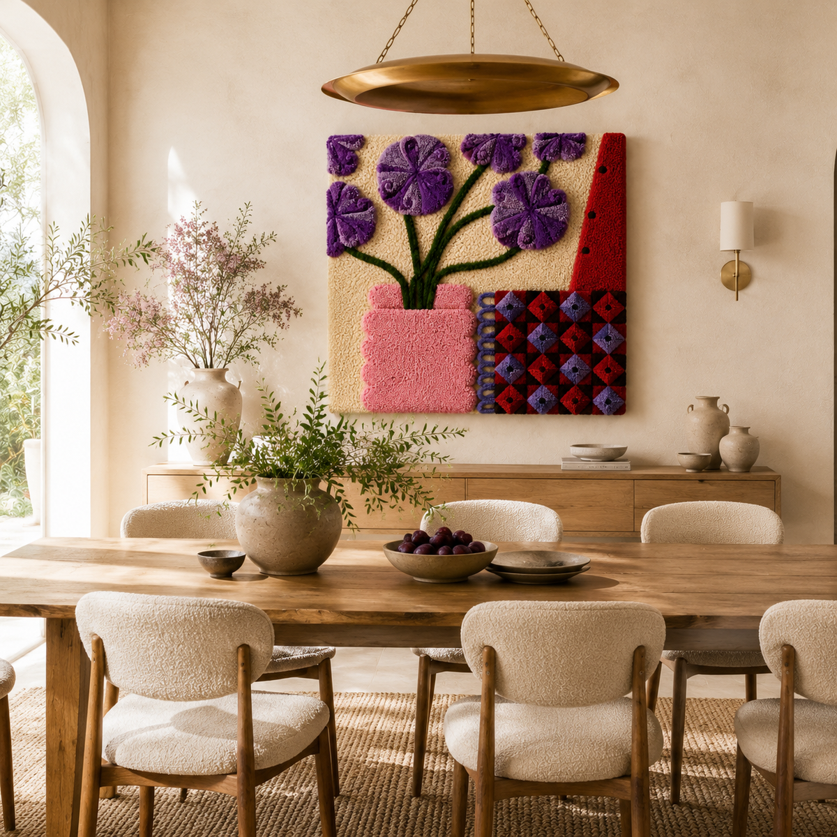Hewn Earth violet tulip window wall art hanging with vibrant purple tulips and greenery in a modern interior setting.