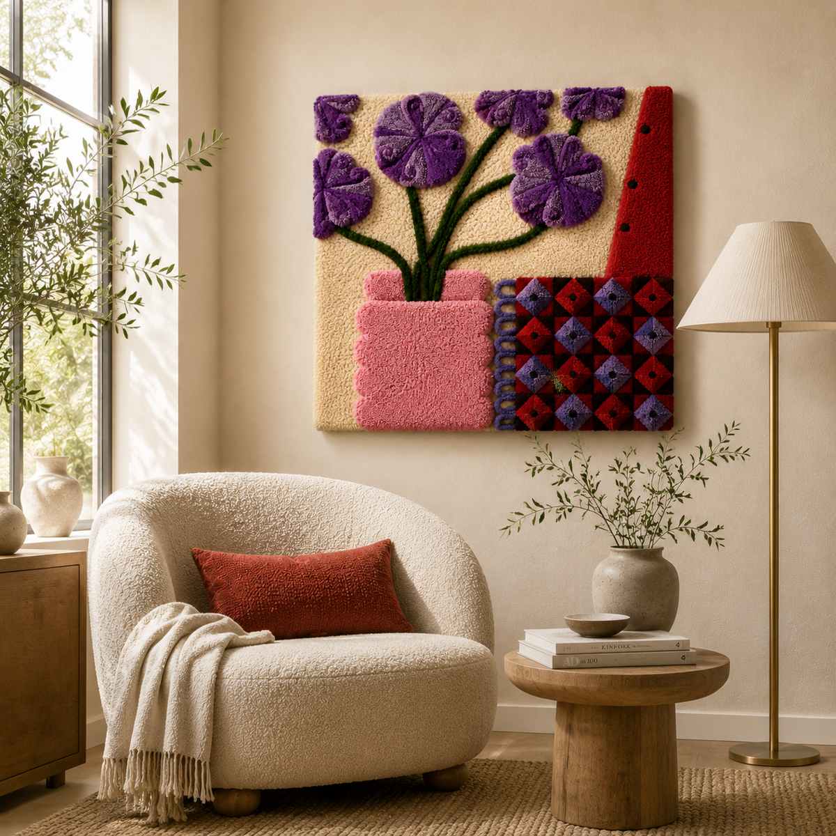 Violet tulip wall art by Hewn Earth featuring a vibrant purple tulip flower illustration on a neutral background.