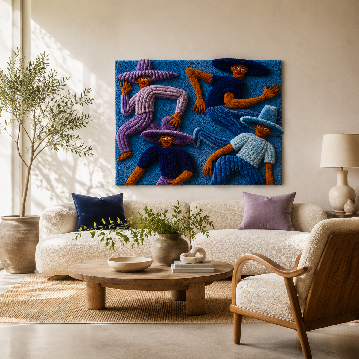 Cobalt Hat Chorus wall art by Hewn Earth featuring a vibrant, abstract design displayed on a modern room wall.