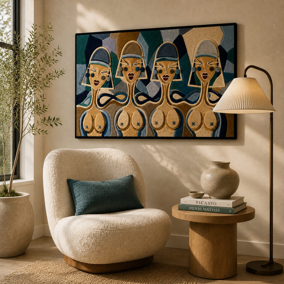 Indigo Sisterhood wall art by Hewn Earth featuring vibrant indigo and earthy tones with intricate, artistic design on textured canvas.