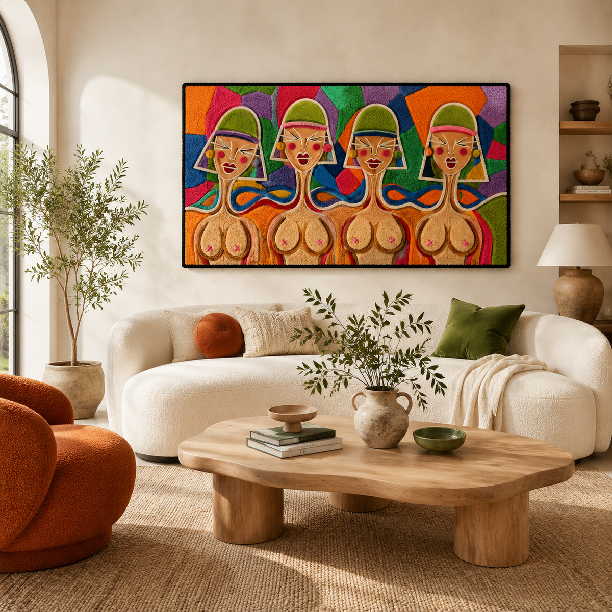 Hewn Earth Carnival Sisterhood wall art featuring vibrant, detailed artwork with bold colors and intricate design elements.
