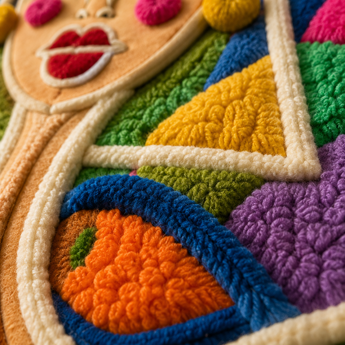 Close-up of Hewn Earth Carnival Sisterhood wall art featuring intricate, colorful design on textured surface.