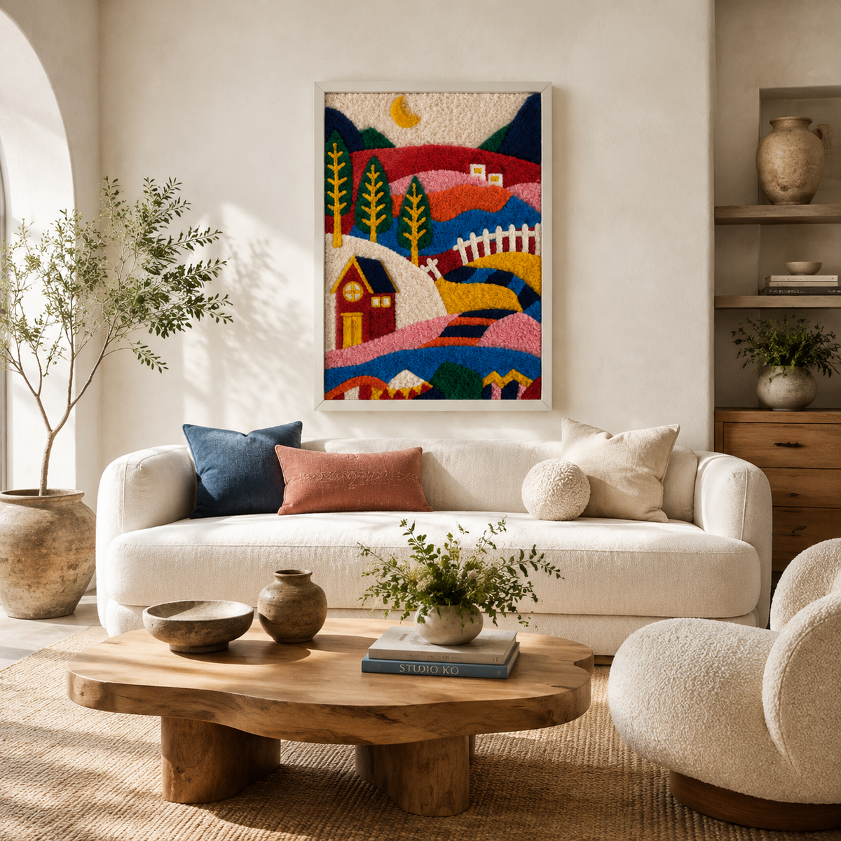 Hewn Earth Alpine Folk Village wall art depicting traditional mountain village scene in a detailed, natural landscape illustration