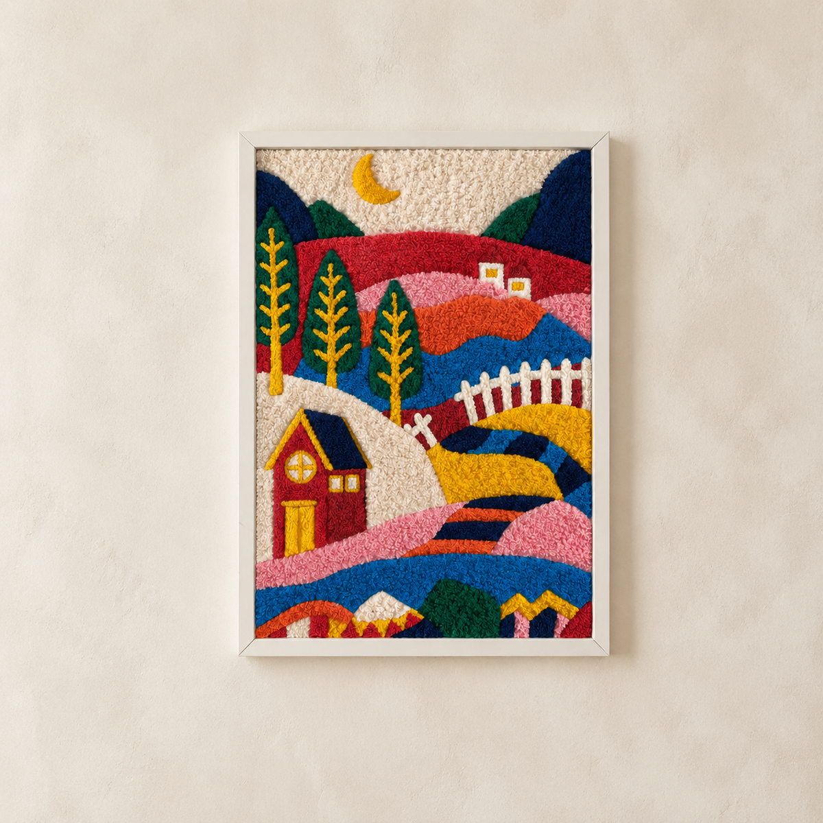 Hewn Earth Alpine Folk Village wall art depicting a scenic mountain village scene on a textured canvas.