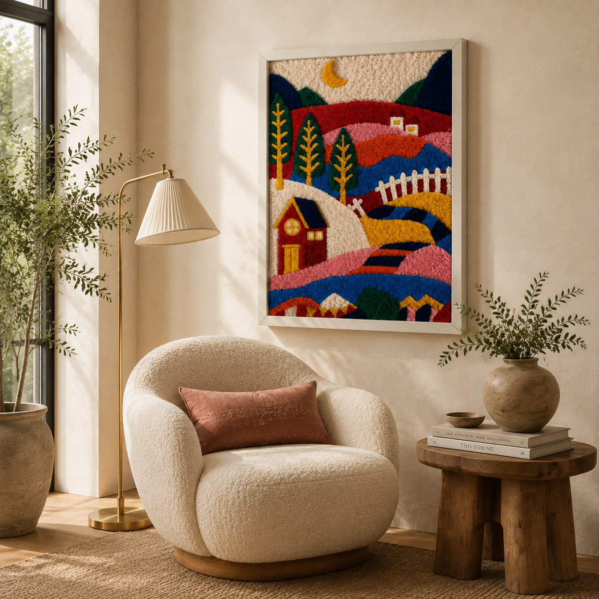 Hewn Earth Alpine Folk Village wall art depicting a scenic mountain village scene in vibrant colors.