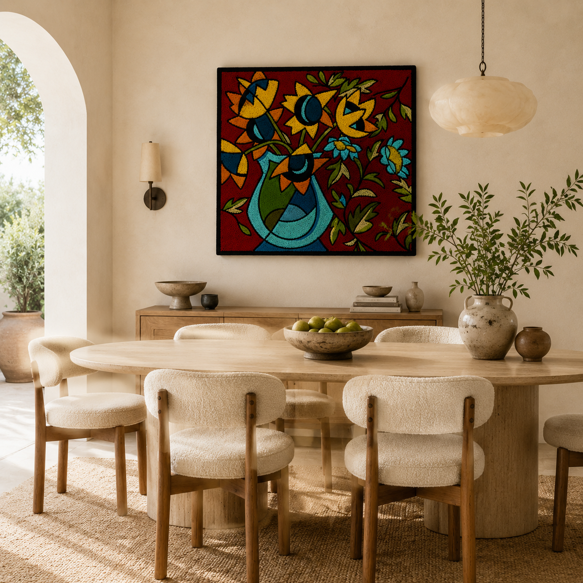 Hewn Earth Midnight Garden Vessel wall art featuring a dark, detailed floral design on a textured surface.