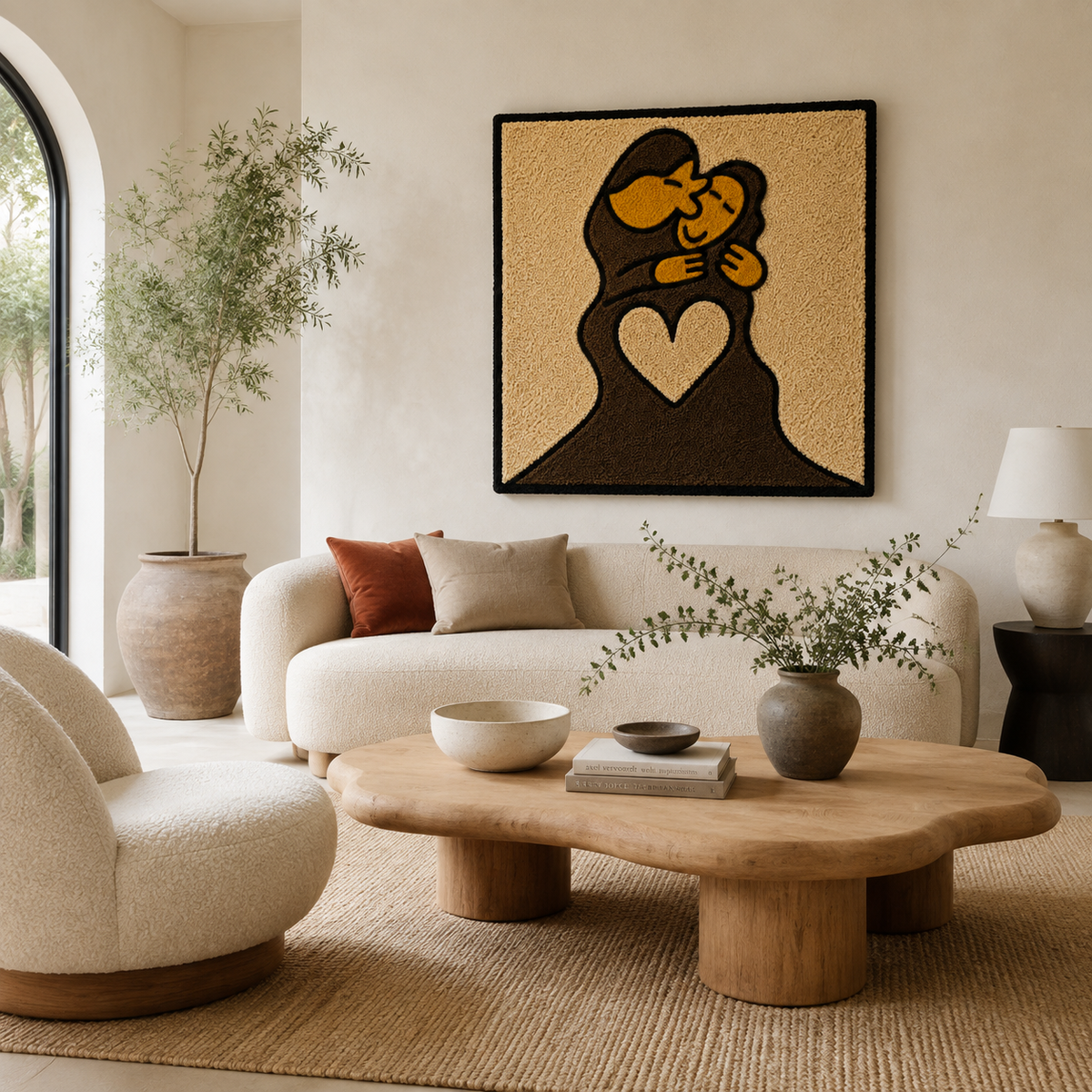 Hewn Earth Heart Held Close wall art displayed on a plain wall, featuring a heartfelt design with soft colors and textured details.