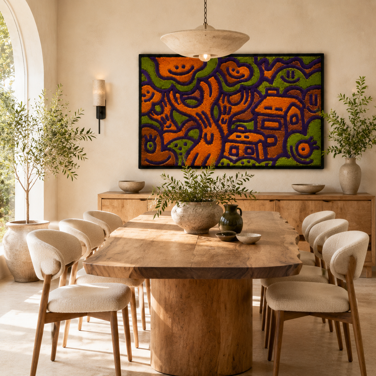Hewn Earth Ochre Songlines wall art featuring earthy ochre tones with intricate line patterns on a textured background.