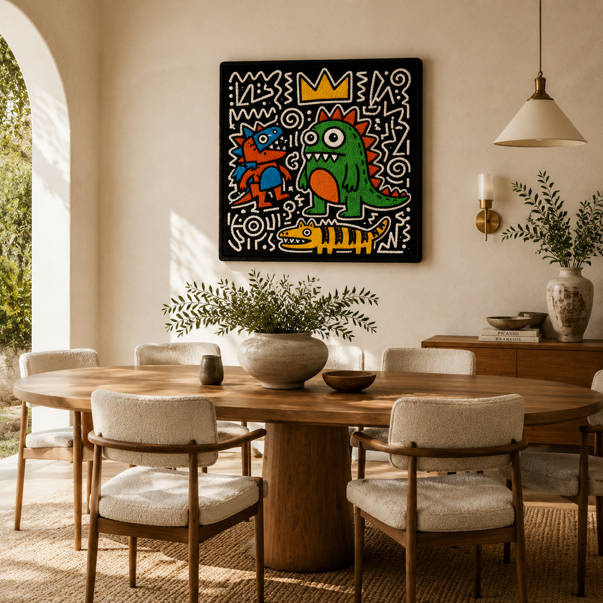 Hewn Earth Crowned Creatures wall art featuring detailed illustrations of mythical animals on a neutral background.