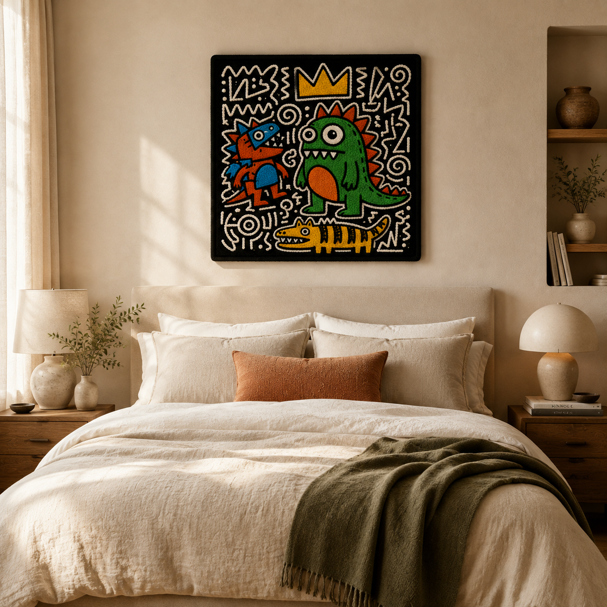 Hewn Earth Crowned Creatures wall art showcasing detailed illustrated animals with crowns on a neutral background.