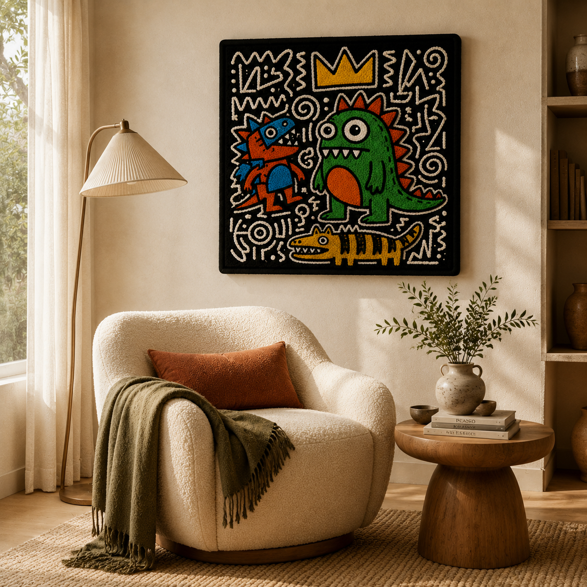 Colorful Crowned Creatures wall art by Hewn Earth featuring whimsical animal illustrations on a vibrant background.
