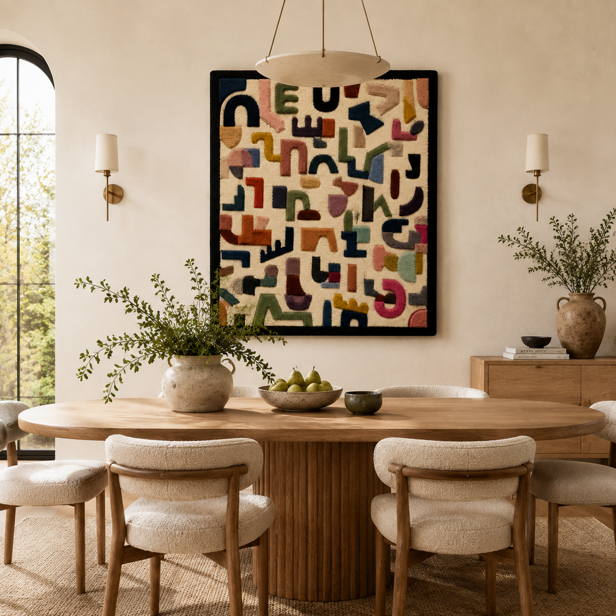 Hewn Earth Soft Signal Field wall art featuring abstract soft signal design in muted tones, displayed on a room wall.