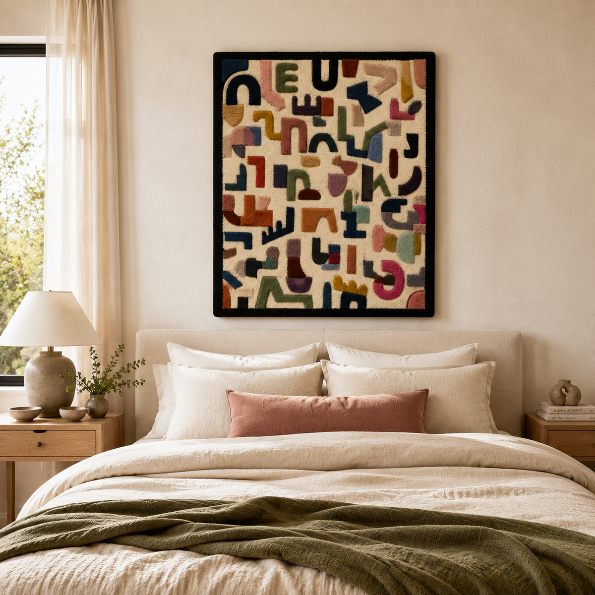 Hewn Earth Soft Signal Field wall art with abstract green and beige shapes on a white background.