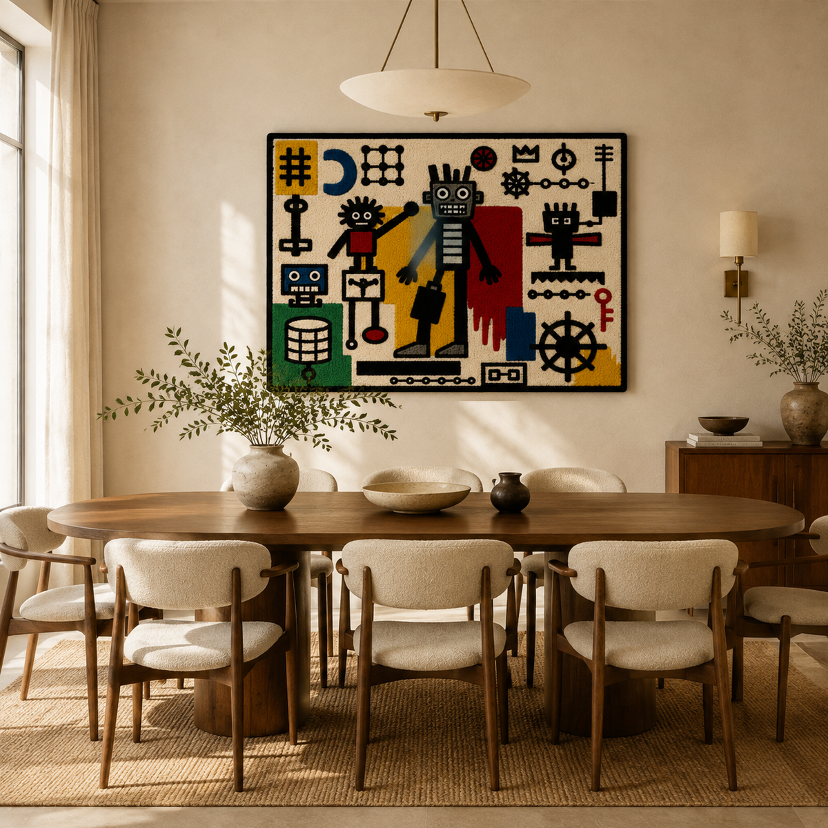 Hewn Earth Machine Kingdom wall art featuring vibrant, detailed design displayed on a wall in a modern room.