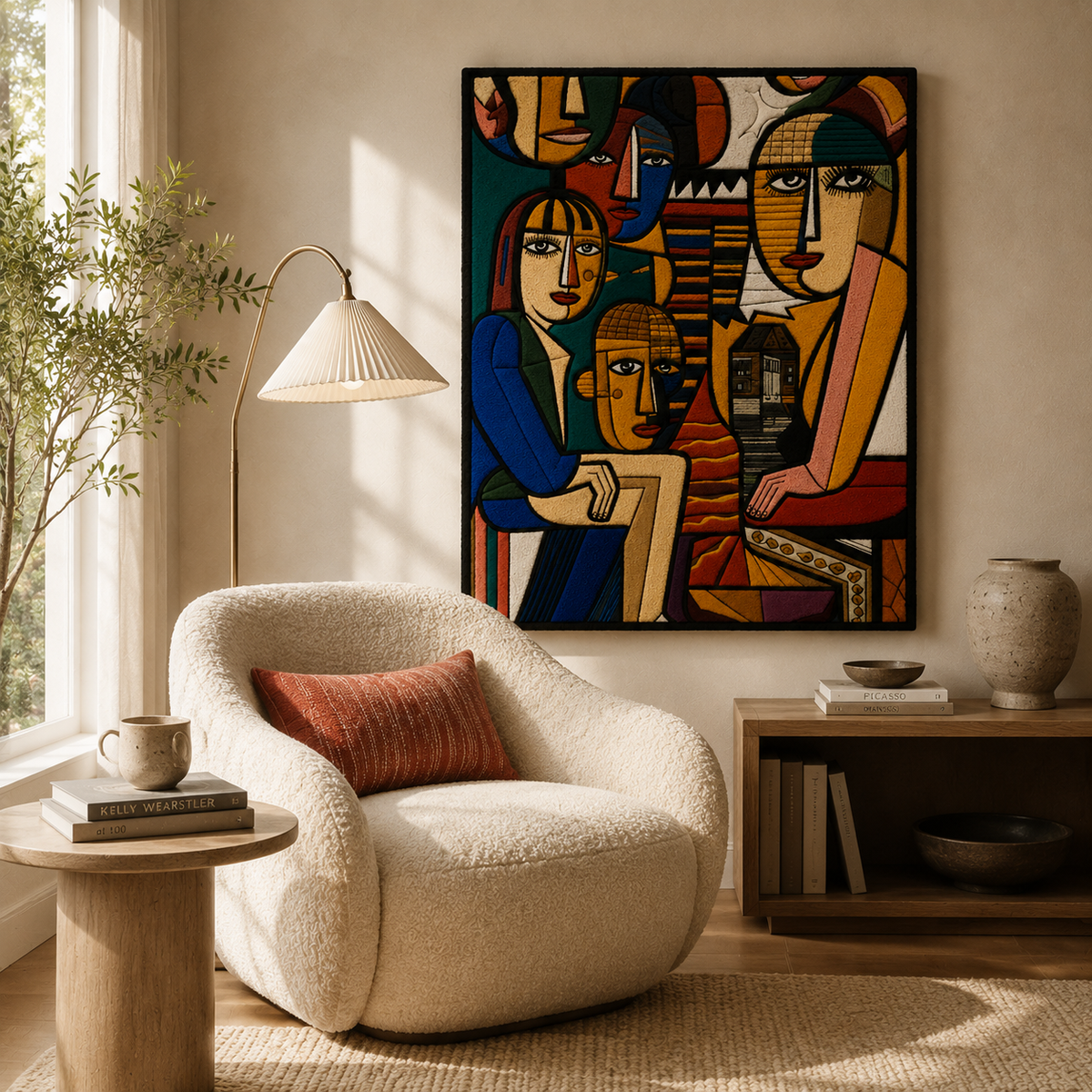 Ochre City Faces Hewn Earth wall art featuring bold cityscape faces in warm ochre tones displayed on a wall.