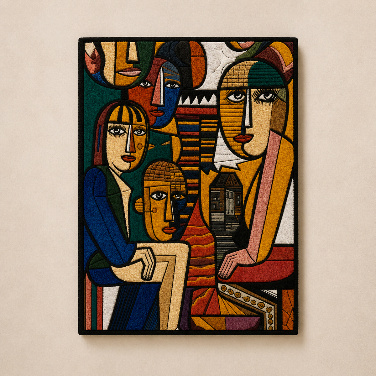 Ochre City Faces Hewn Earth wall art featuring abstract cityscape designs with warm ochre tones on a textured background.