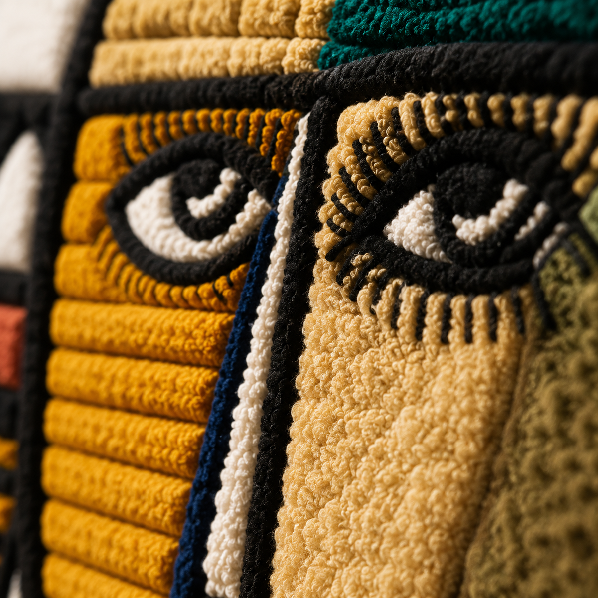 Close-up of Hewn Earth Ochre City Faces wall art, showcasing detailed abstract face designs in warm ochre tones.