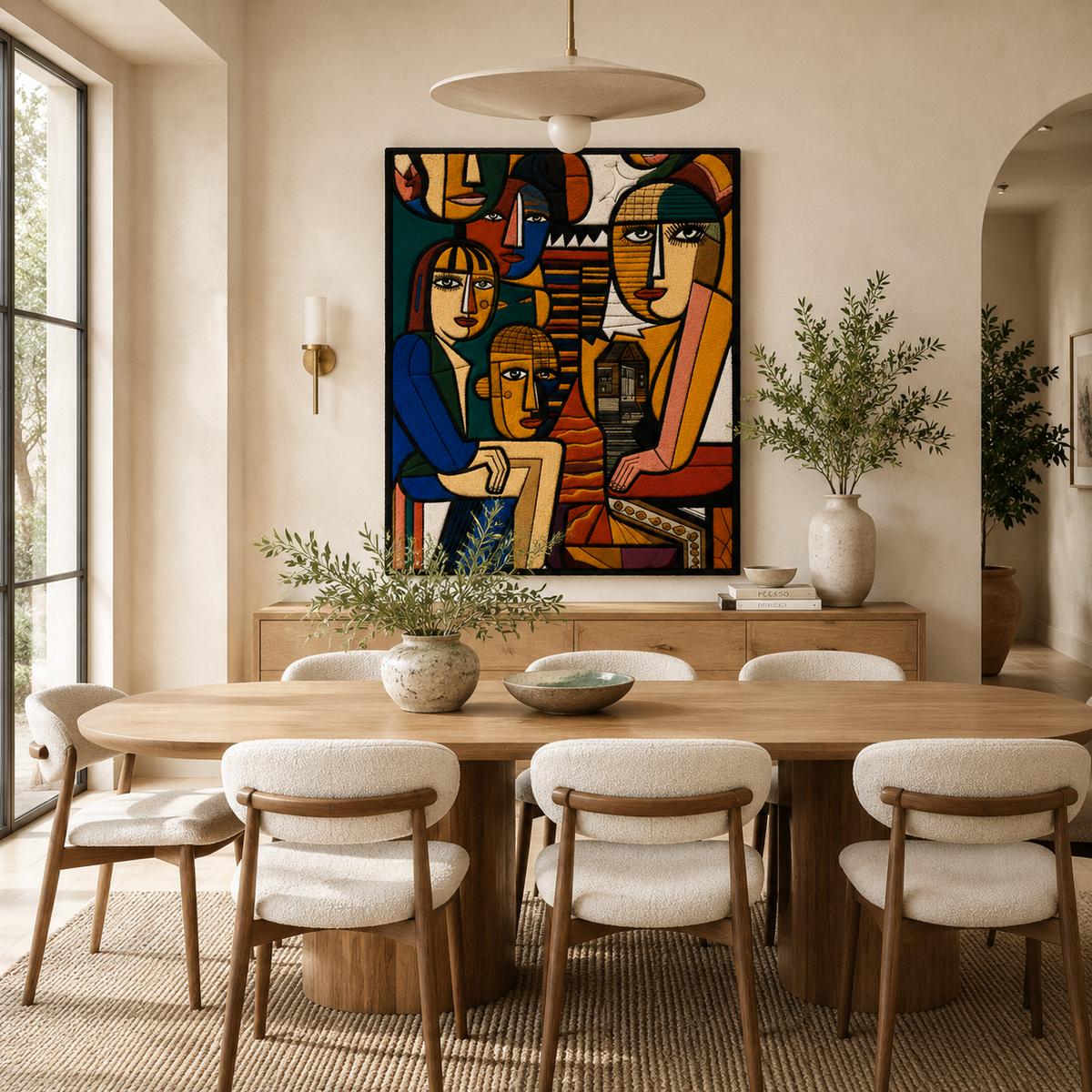 Ochre City Faces wall art by Hewn Earth featuring abstract cityscape and face designs in warm ochre tones.