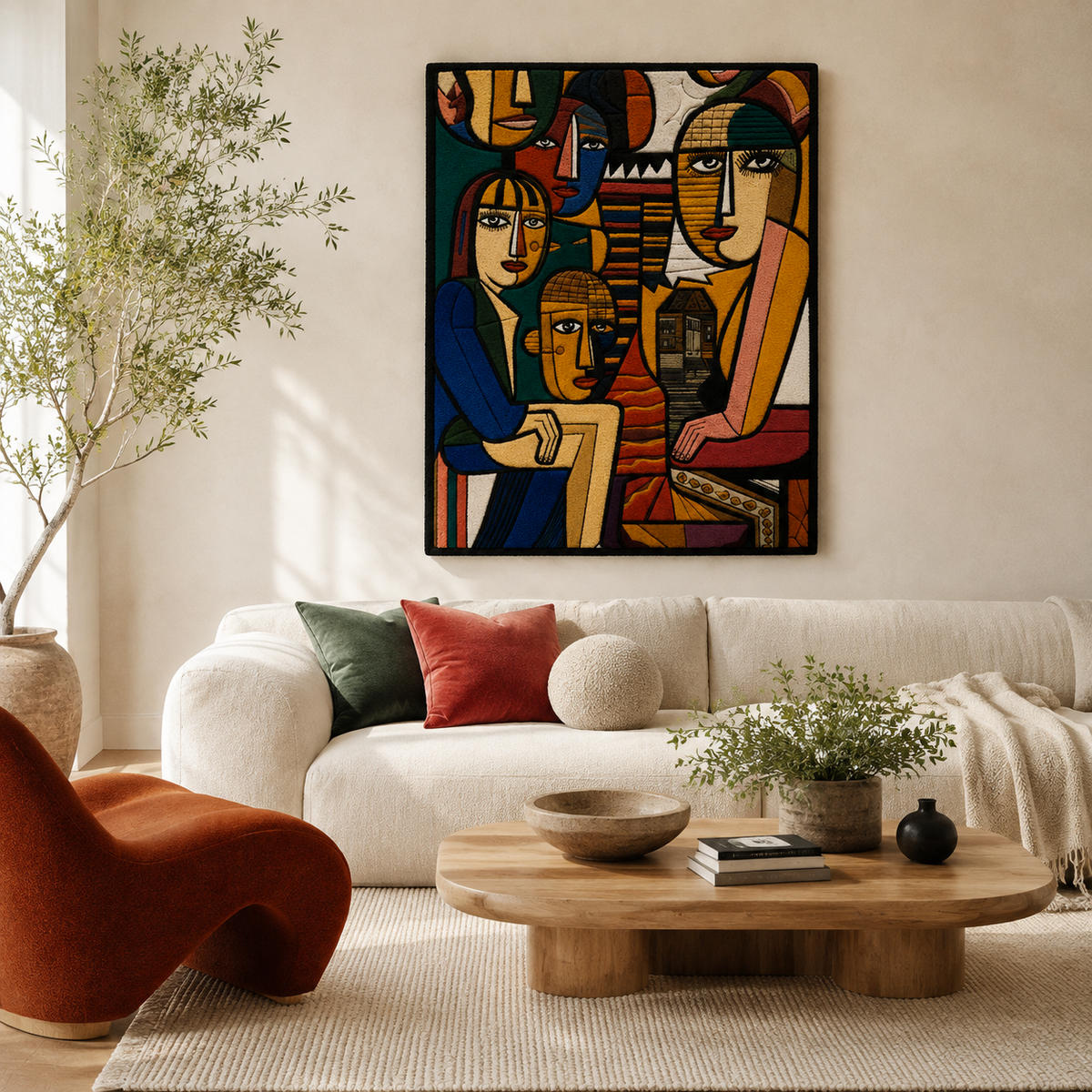 Ochre City Faces wall art by Hewn Earth featuring abstract cityscape with warm ochre tones and intricate geometric details.