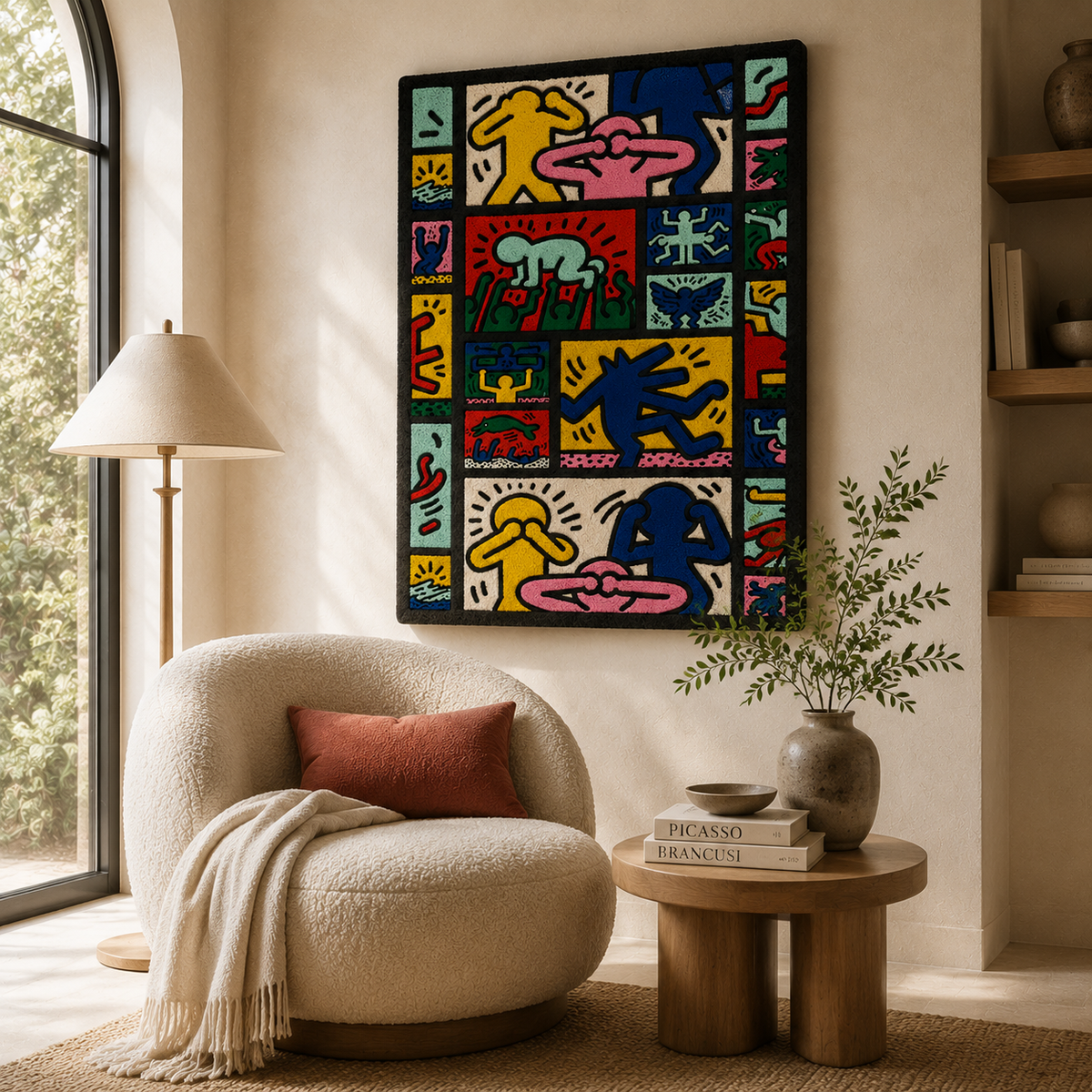 Hewn Earth Dancing Glyphs wall art featuring abstract glyph designs on a neutral background, ideal for modern interior decor.