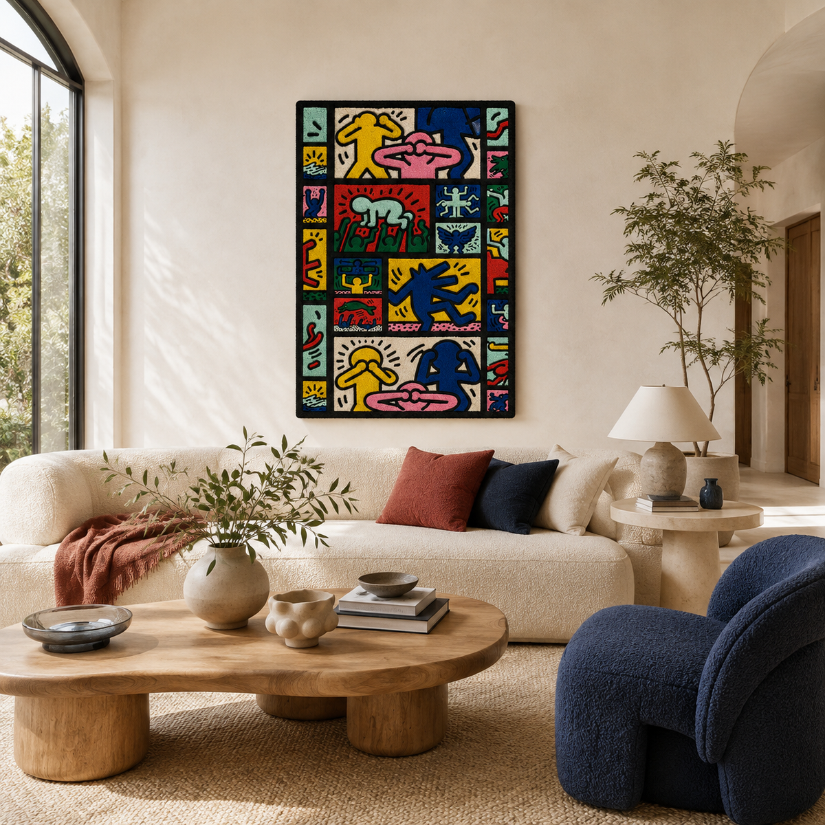 Colorful Dancing Glyphs wall art by Hewn Earth featuring vibrant abstract geometric designs on a white background.