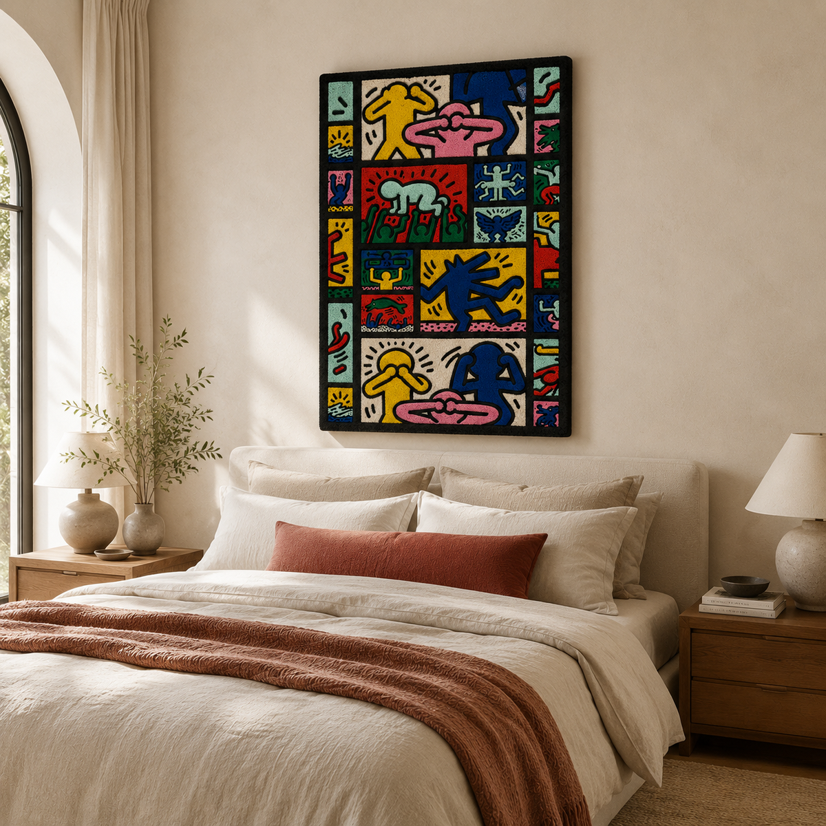 Hewn Earth Dancing Glyphs wall art featuring abstract glyph designs in vibrant colors, ideal for modern home decor.