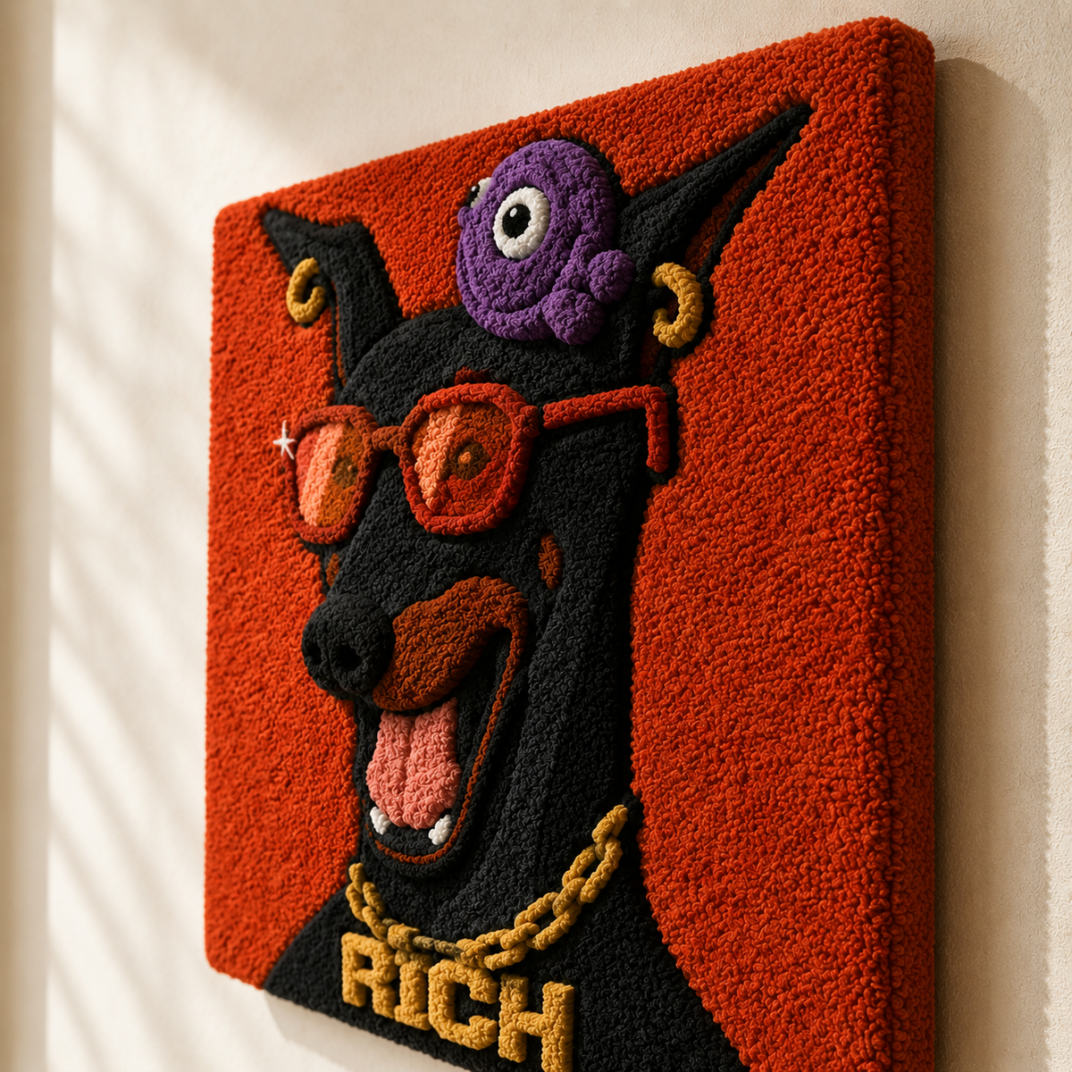 Rich Hound wall art by Hewn Earth featuring a detailed, rustic dog illustration on a textured background.