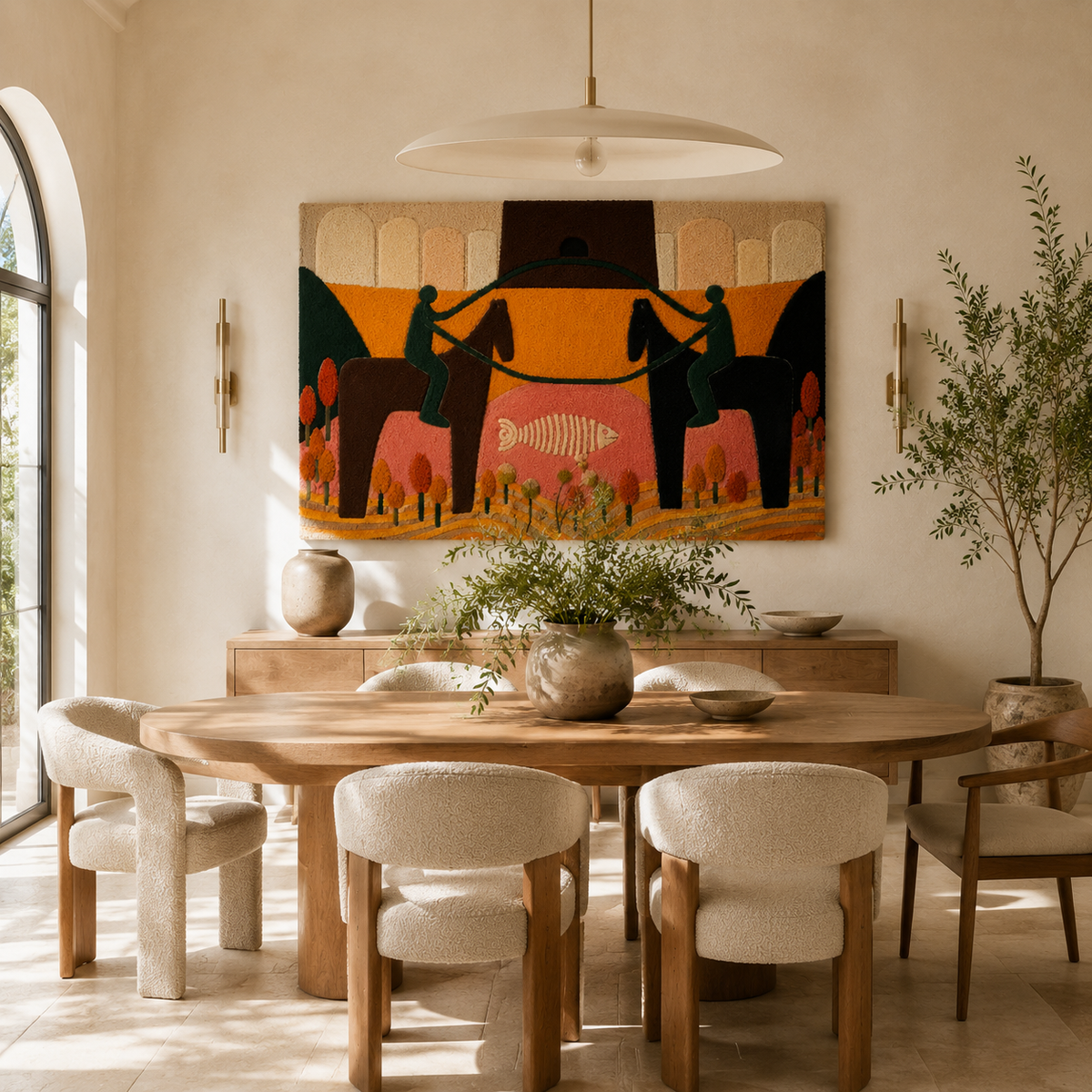 Hewn Earth Village Market Procession wall art depicting a vibrant outdoor market scene with colorful stalls and people.