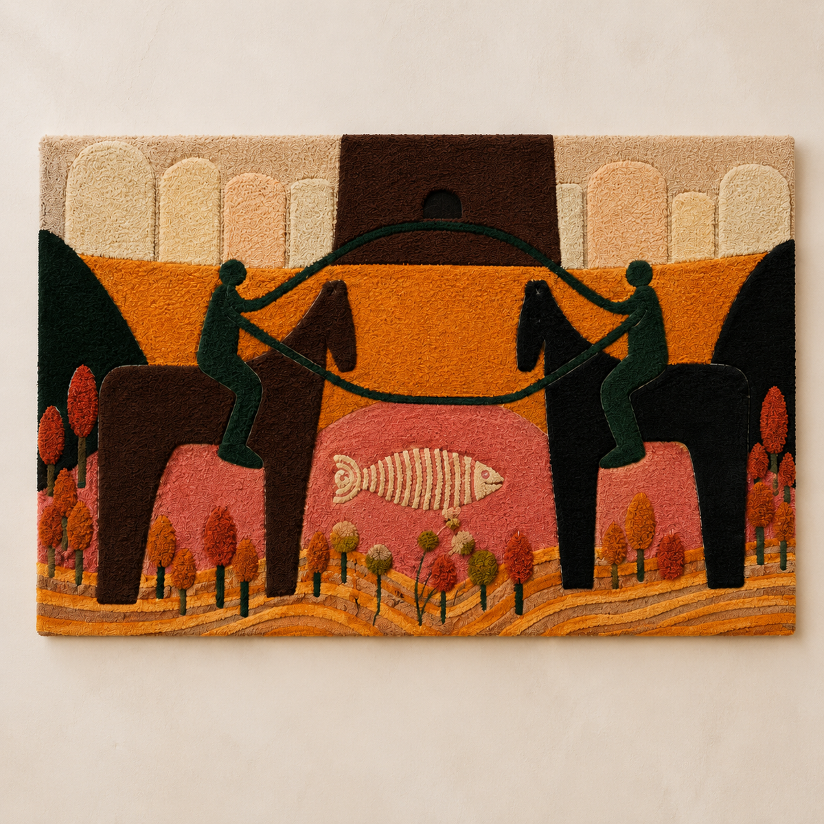 Hewn Earth Village Market Procession wall art featuring a colorful street scene with market stalls and people.
