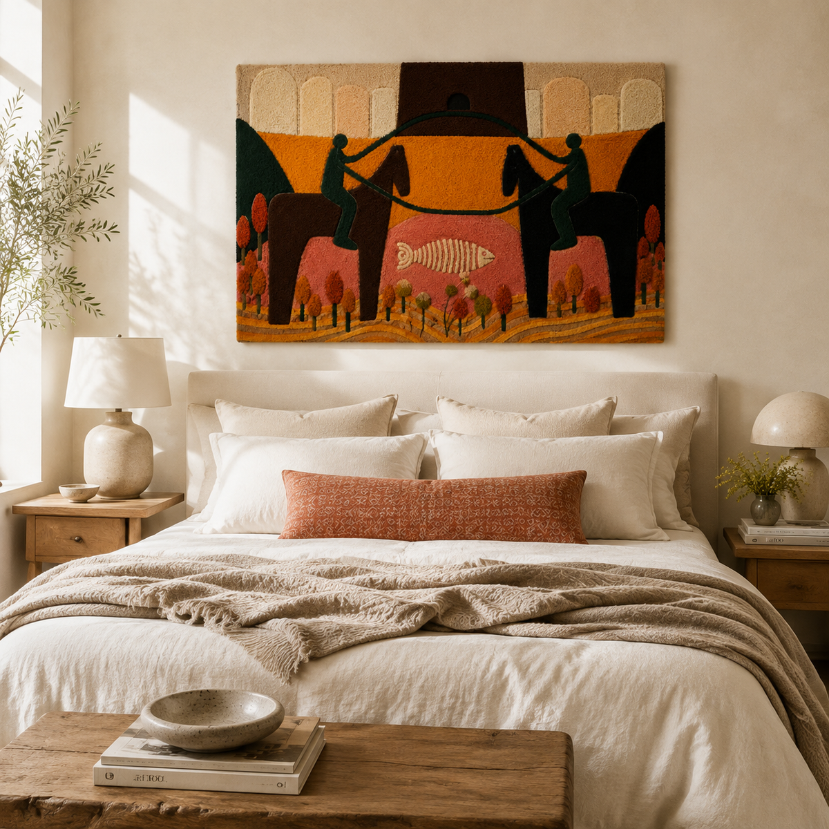 Hewn Earth Village Market Procession wall art depicting a vibrant outdoor market scene with colorful stalls and bustling shoppers.