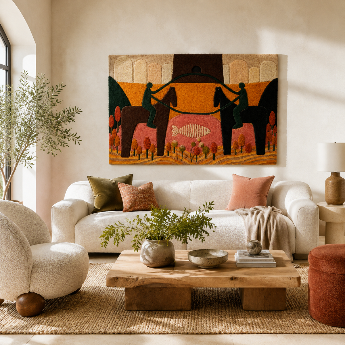 Hewn Earth Village Market Procession wall art depicting a lively outdoor market scene with vibrant colors and detailed craftsmanship.