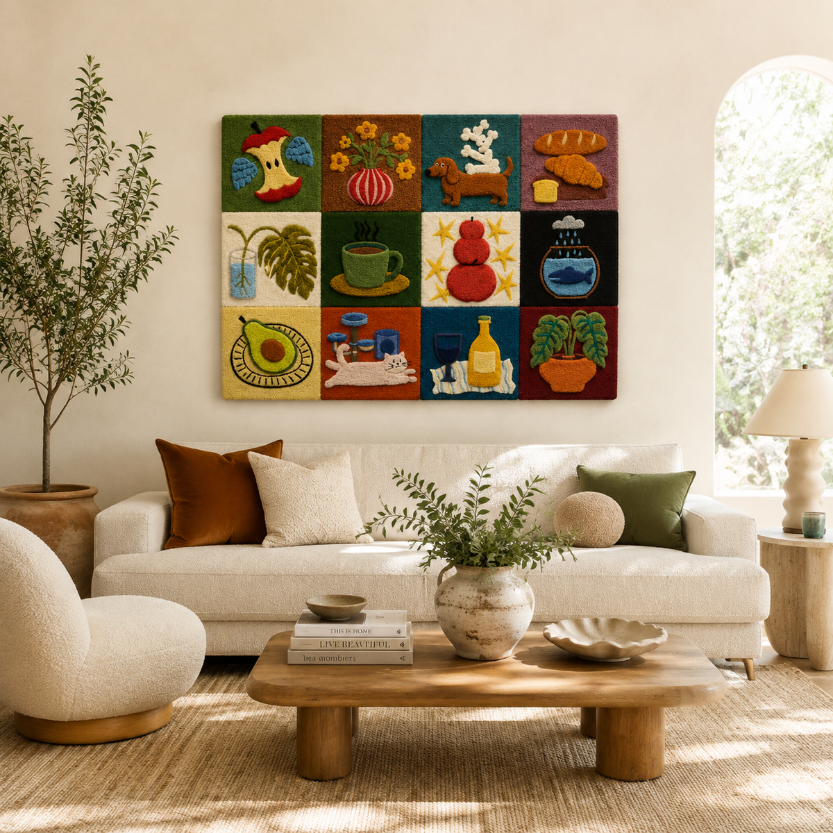 Hewn Earth Global Pantry Grid wall art featuring a geometric design with earthy tones for modern kitchen decor.