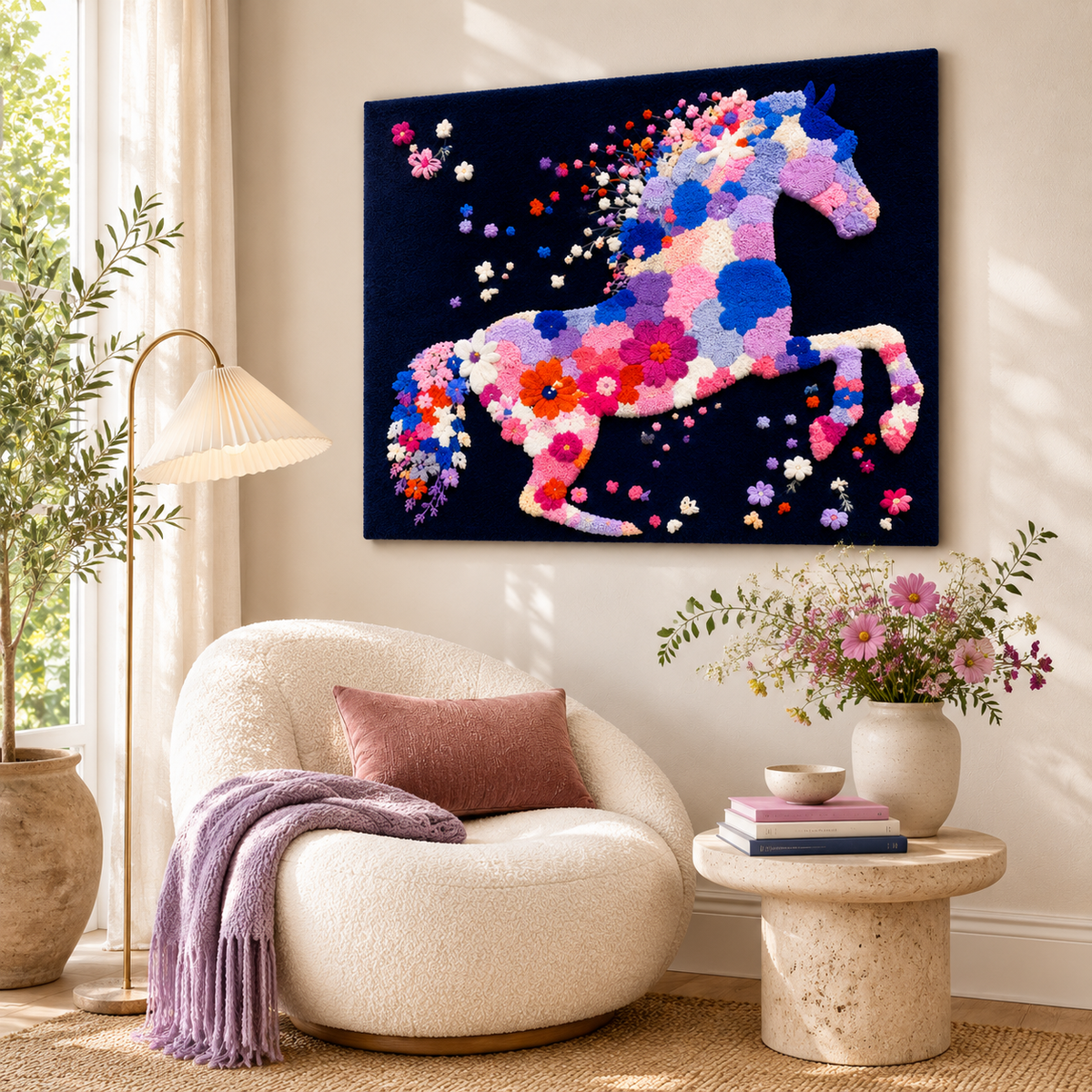 Confetti Mare wall art by Hewn Earth featuring vibrant, abstract horse design on a neutral background.