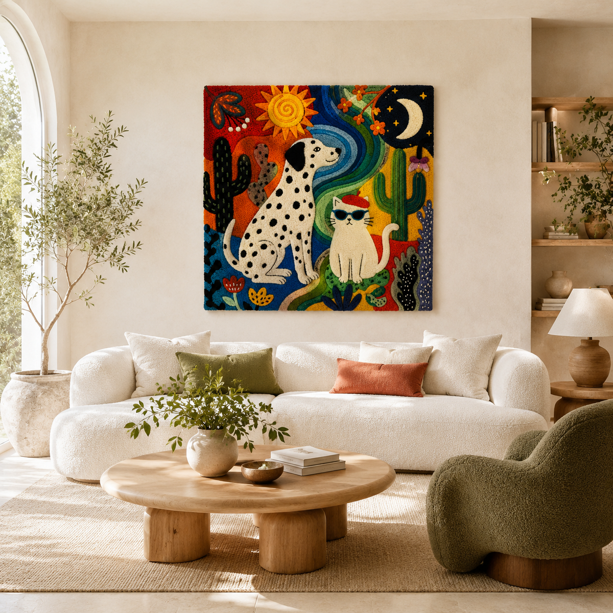 Hewn Earth Solar Hounds wall art featuring stylized dog silhouettes on a textured background.