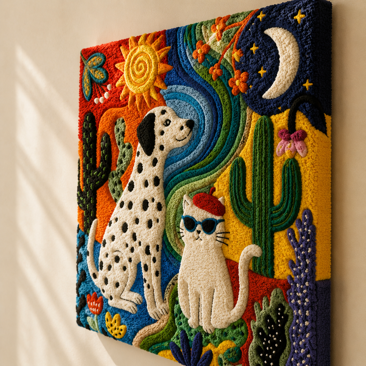 Hewn Earth Solar Hounds wall art featuring solar-themed dog illustrations on a light background.