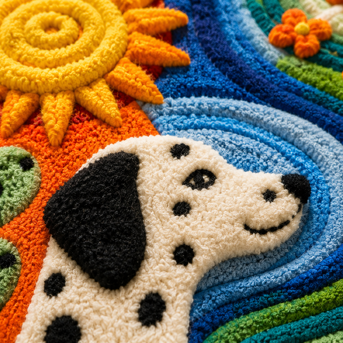 Close-up of Solar Hounds wall art by Hewn Earth, featuring detailed solar-themed dog illustrations on textured surface.