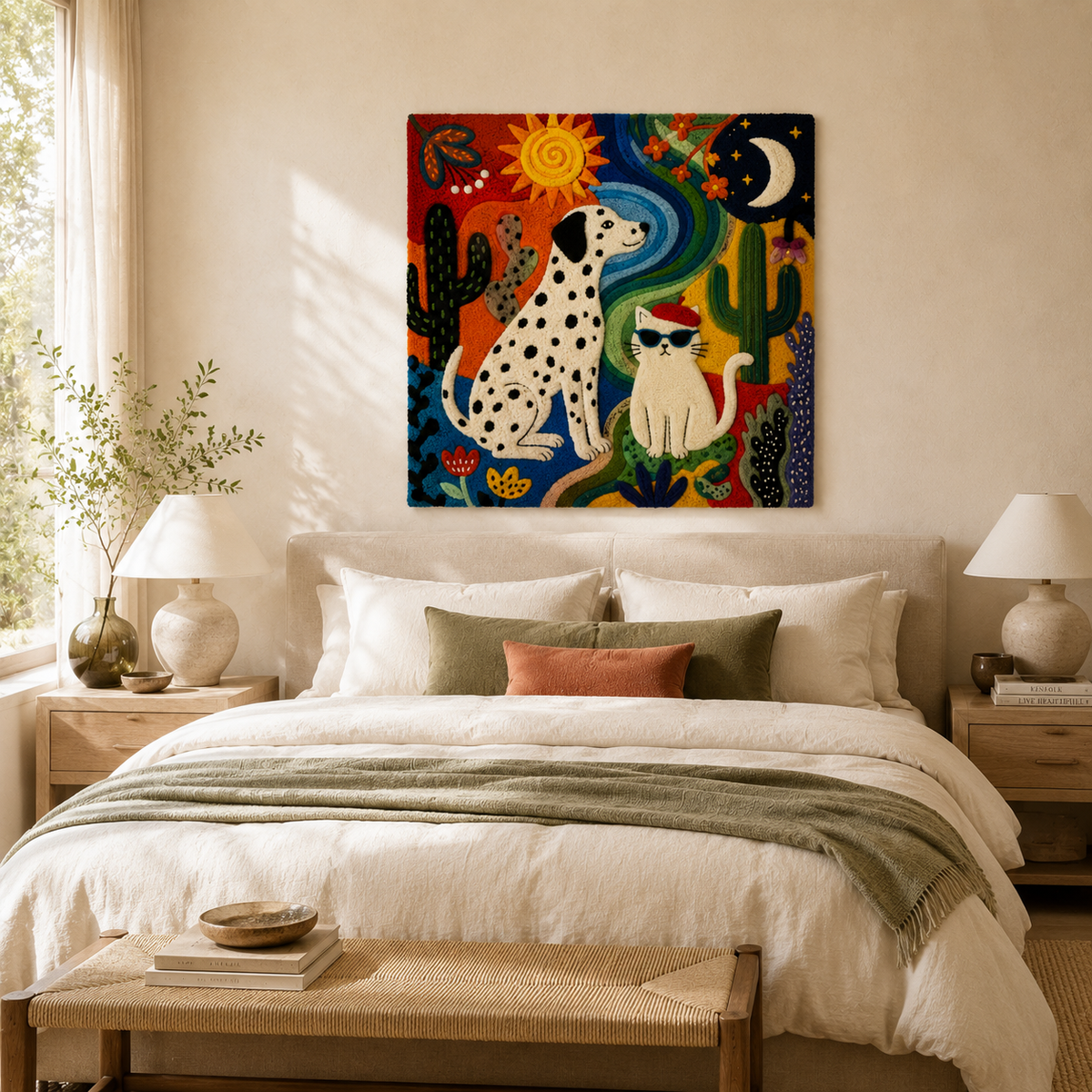 Colorful Solar Hounds wall art by Hewn Earth featuring playful dog illustrations on a vibrant background.