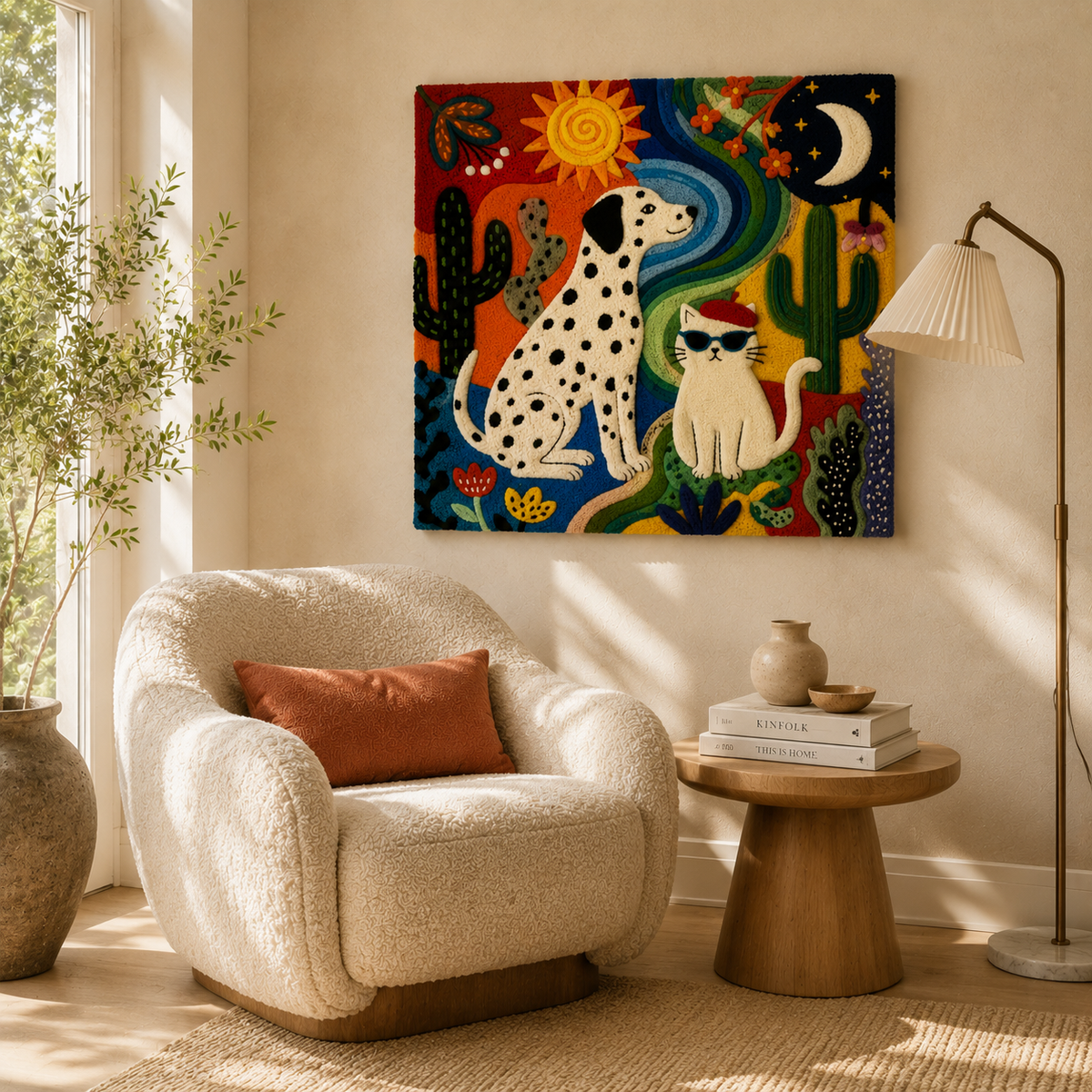 Hewn Earth Solar Hounds wall art featuring a solar-themed dog design in vibrant colors on a textured background