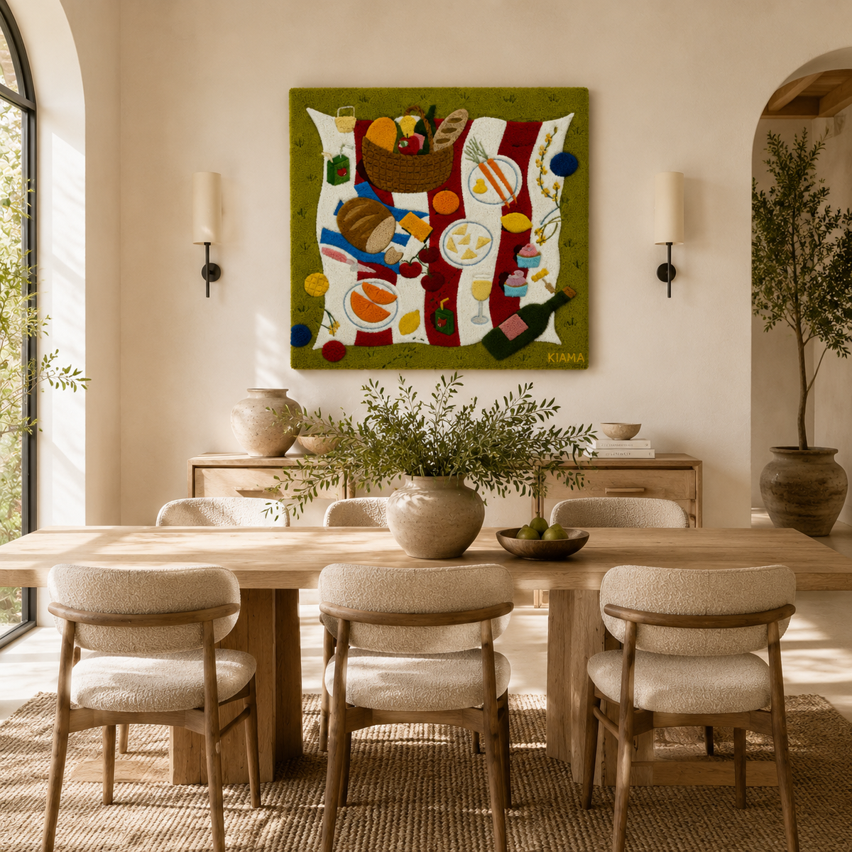 Hewn Earth Sunday Table Scatter wall art featuring colorful abstract shapes on a neutral background.