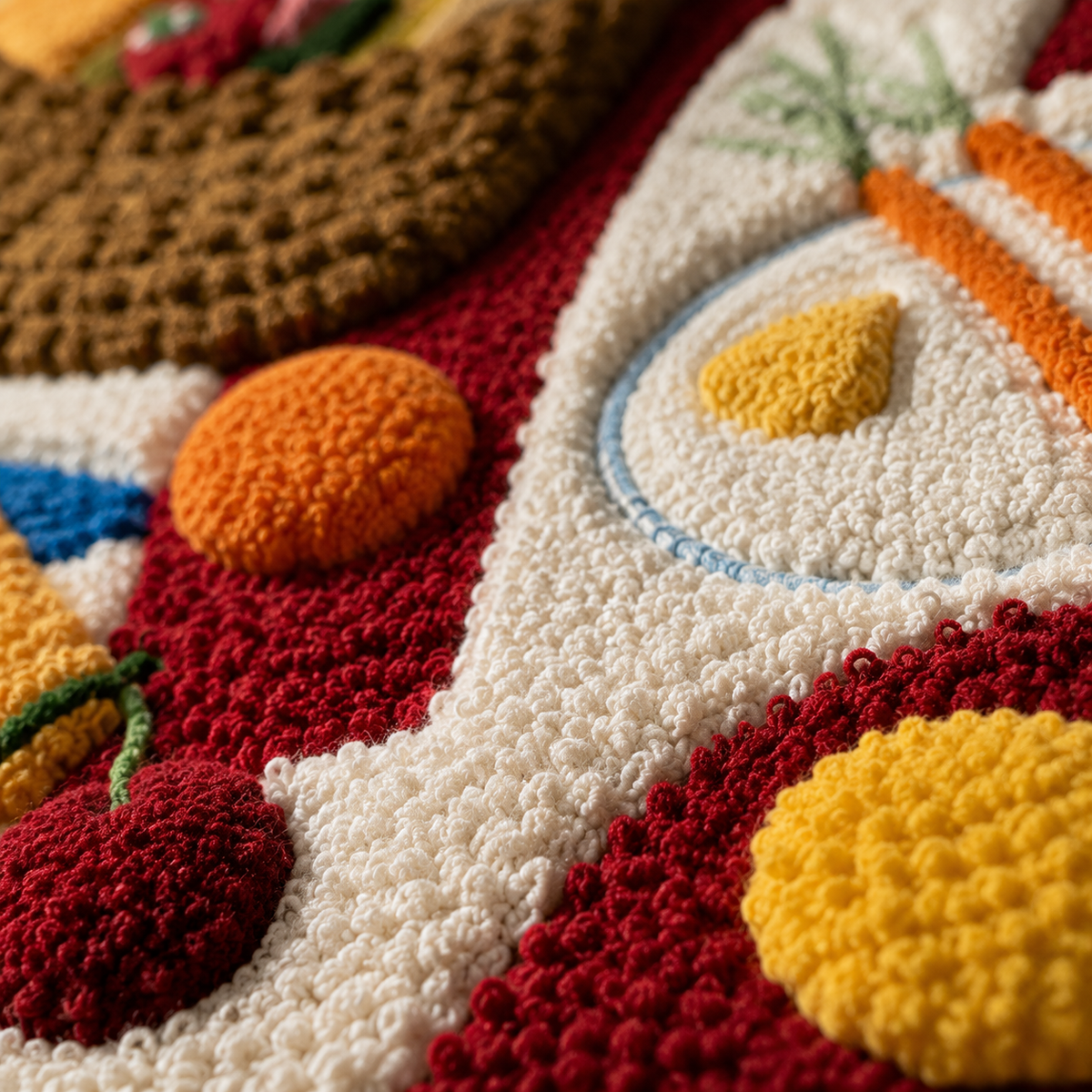 Close-up of Hewn Earth Sunday Table Scatter wall art with detailed textures and vibrant colors on a neutral background.