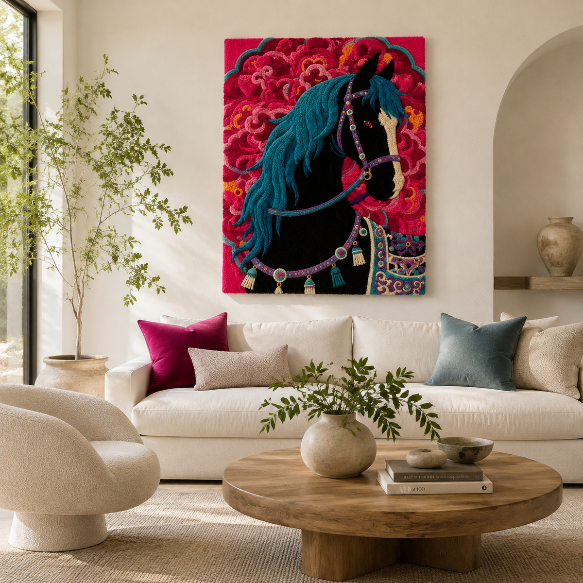 Hewn Earth Midnight Rose Mare wall art featuring a detailed, artistic depiction of a horse with a rose motif in soft tones.